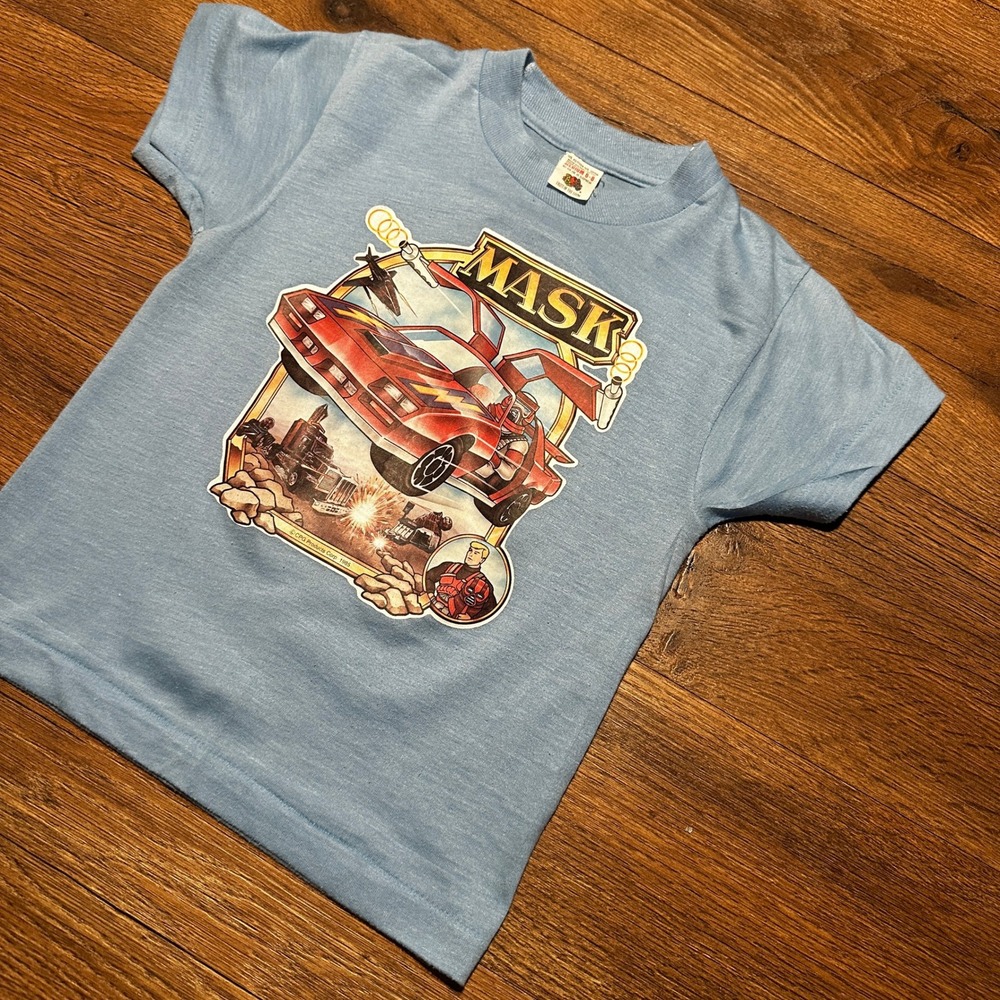 Vintage Fruit of the Loom Blue MASK Graphic T-Shirt Kids Medium 6-8 1985